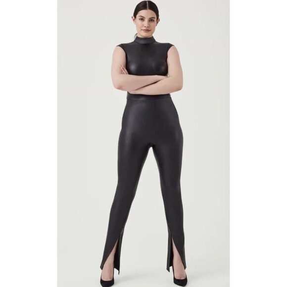 Spanx Pants - SPANX Faux Leather Like Front-Slit Skinny Pants Black Pull On Size Small NWT